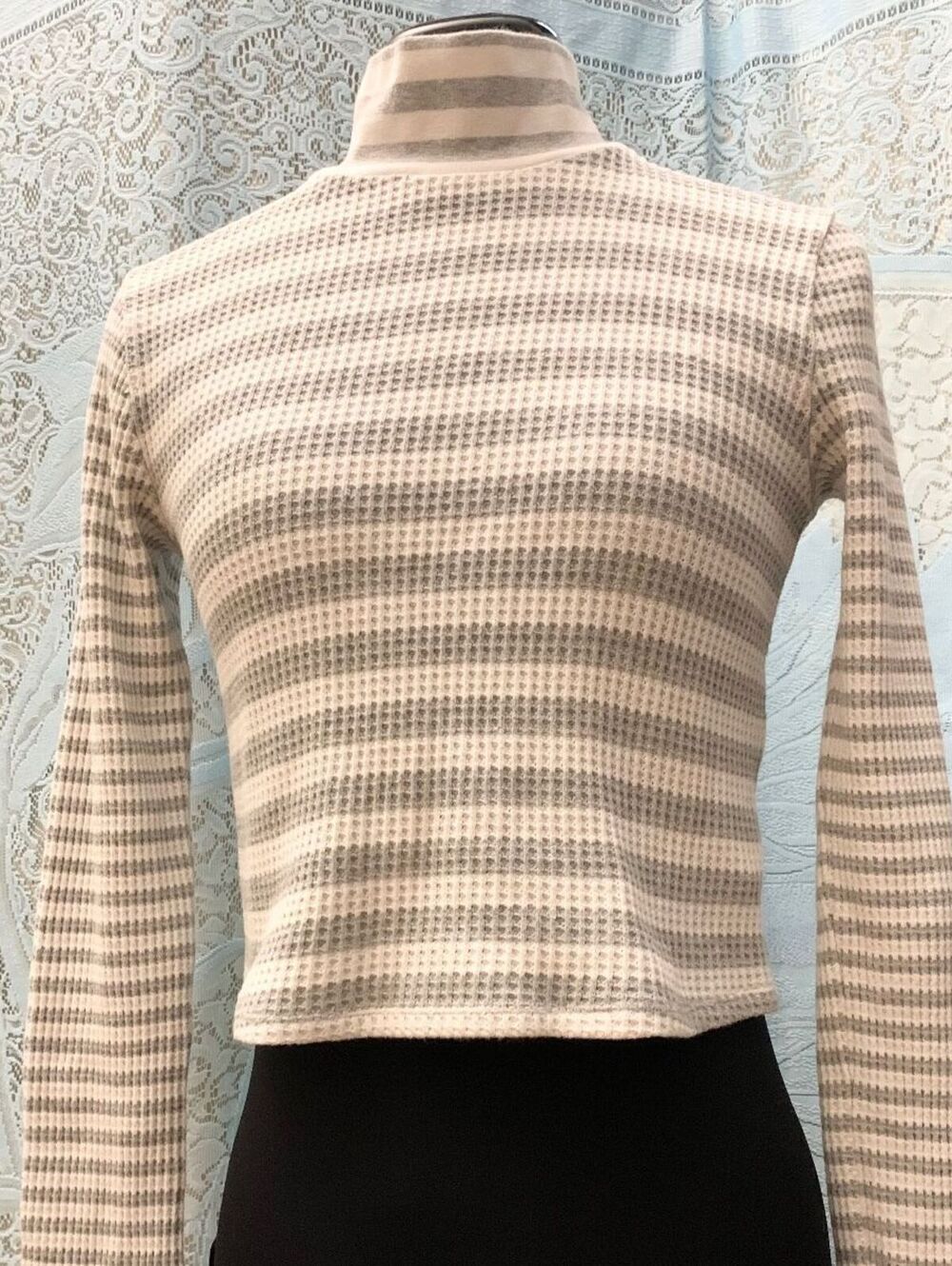 Aerie Womens Striped Waffle Knit Thermal Mock Neck Crop Turtleneck Top